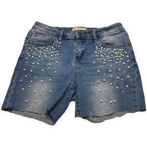 Angel Kiss Womens Pearl Embellished Denim Shorts Mid Rise Blue Size 11 77751